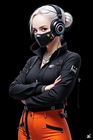 (magazine cover:1.3), (realistic: 1.3), (original: 1.2), masterpiece, best quality, beautiful clean face, fullbody, 1woman, (wearing black and white and cobalt scifi techmask and headphones with complex electronics), wearing black techwear jacket and orange trousers with buckle and tape, (crystal necklace), posing for a picture, (white braided bun hair), Title text “Tensor Art” in white letters with red border on black background.