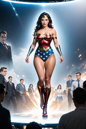 There is a massive oversized TV screen in the city. TV screen showing and playing blue eyed and muscular Wonder Woman making a conference call with shocked and surprised expressions. Many people are watching it below the screen. ((highest quality)), (8k, very detailed, full-length frame, high-detail RAW color art, masterpiece:1.2), (realistic and realistic photo:1.3), dramatic lighting rendering, dynamic angles, photon mapping, physics-based rendering, Absurd resolution, high resolution, (masterpiece: 1.4), super detail,score_9,score_8_up,score_7_up,score_6_up,nijisuper