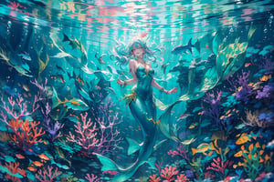 (((masterpiece))),(((best quality))),((ultra-detailed)),((underwater)),(illustration),(beautiful detailed water),((coral)), ((extremely delicate and beautiful girl)),dynamic angle,floating,(beautiful detailed eyes),(detailed light),floating hair,glowing blight eyes,(splash),underwater),((fishes)),twintails, blue eyes, long hair, hair ornament, jewelry, blue mermaid, shell bikini, bracelet, earrings, shell necklace, nature, (sunlight),(underwater forest),(painting),(bloom),(detailed glow),(drenched),seaweed,fish, jelly fish, (((Tyndall effect))), cowboy shot, swimming, reaching out,Mermaid