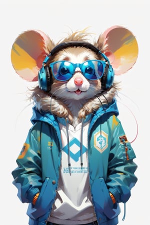 Perfect centering, Cute mouse, Wear a student team jacket, Wearing sunglasses, Wearing headphones, cheerfulness, Standing position, Abstract beauty, Centered, Looking at the camera, Facing the camera, Approaching perfection, Dynamic, Highly detailed, Smooth, Sharp Focus, 8K, hight resolution, Illustration, art by carne griffiths and wadim kashin, White background