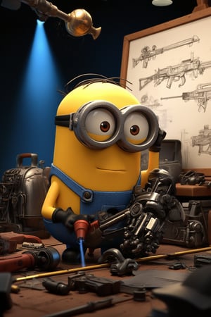 Ultra-high detailed photorealistic depiction of a Minion from Despicable Me donning a mechanic's attire, intensely focused as it works amidst a cluttered lab table teeming with scientific instruments and accessories. Volumetric light casts dramatic shadows on the Minion's determined face as its hands move swiftly to weld and assemble complex components, ultimately building a massive weapon. In the background, a whiteboard is filled with detailed sketches of weapon designs, adding an air of intrigue to this 3D-rendered scene.