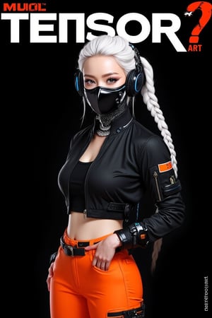 (magazine cover:1.3), (realistic: 1.3), (original: 1.2), masterpiece, best quality, beautiful clean face, fullbody, 1woman, (wearing black and white and cobalt scifi techmask and headphones with complex electronics), wearing black techwear jacket and orange trousers with buckle and tape, (crystal necklace), posing for a picture, (white braided bun hair), Title text “Tensor Art” in white letters with red border on black background.