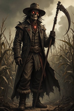 Masterpiece, professional, award-winning, intricate details, ultra high detailed, 64k, dramatic light, volumetric light, best quality, highres, ultra-detailed, (realistic:1.37),dark soul boss style ,skull face, Lovecraftian horror style, haunted corn field background, scythe weapon, glowing red eyes, Scarecrow outfit with rugged clothes and hat, energy cracking around body, battle aura, bloodstained, dynamic lighting, ominous atmosphere, grim and desolate, creepy fog, unsettling shadows, weathered scarecrows, distorted landscapes, haunting whispers, ominous sky, ominous storm brewing, lingering sense of darkness, ominous runes, mystery and suspense, brutal and intense, dread and fear, gothic elements, oppressive silence, menacing presence, horror-filled ambiance, dark and tormented souls, sinister energy, evoking a sense of doom, nightmare-infused reality. Showcasing incredible texture and detail. Rendered in high-quality, super-detailed textures. Meticulously illustrated, 8k,anime,illustrated,Enhanced all,