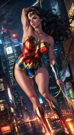 Generate a rough oil painting of Wonder Woman gracefully ((swinging through the gaps between skyscrapers)) (at night), ((flying)), using her ((Lasso of Truth)) as if she were Spider-Man. The golden glow emanating from the Lasso of Truth illuminates the scene like fluorescent lights. Capture her in a dynamic and stylish pose, reminiscent of Frank Miller's Sin City style. (field of depths,boheh backdrop),wonder_woman,artgerm,semi-realistic,Anime,highres,masterpiece