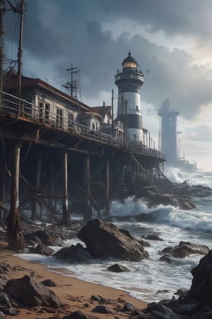 Masterpiece, professional, award-winning, intricate details, ultra high detailed, 64k, dramatic light, volumetric light, A post-apocalyptic coastal scene, with a decaying boardwalk, shattered lighthouse, and waves crashing against remnants of civilization, moody, coastal decay, maritime disaster, haunting beauty, coastal ruins, abandoned boats, desolate shoreline:1, weathered pier, worn-out fishing nets, seagulls, abandoned amusement park, rugged coastline, 8K,anime,illustrated,Fantasy detailers 