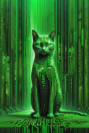 high quality, 8K Ultra HD, Imagine a vibrant canvas illuminated by a cascade of green binary code, forming a silhouette of a sitting cat, dynamic lines and patterns similar to the matrix, Alphabet Rain in the Matrix, vertical lines of green matrix code