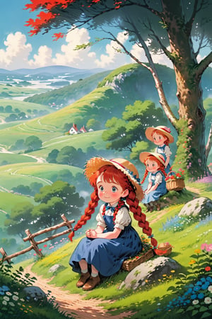 (masterpiece, best quality),from side, 1girl, solo, After searching for hours, They find a Anne (Green Gables)), Red-haired girl, With a wide-brim straw hat, two long red braids, Curious big eyes, Innocent, Joyful look, wear a floral pioneer dress with an apron,sitting on a branch sticking out of a hill,Anime,Enhanced All,ghibli,illustrator