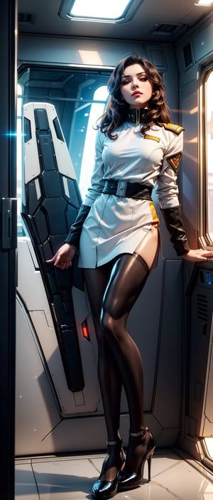 8k,(masterpiece:1.4), (best quality:1.4), (top quality), 1girl, ramius1, 1girl, solo, (black_pantyhose:1.1), military uniform, military, makeup, white shirt, white skirt, tight skirt, inside spaceship, galaxy, window ,indoors, standing, looking at viewer, solo focus, (shiny skin), athletic and toned body,ramius1