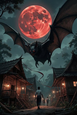 Masterpiece, professional, award-winning, intricate details, ultra high detailed, 64k, dramatic light, volumetric light, create an image of  a detailed giant black bat flying in a Filipino jungle with Kubo made of small houses with bamboo barricades. Under the Red moonlight, Bat attacking filipino people in white long sleeve shirts and holding big knives to attack creature who would emerge from the shadows to capture innocent souls. The giant black bat in the sky with red eyes and has two flapping wings to capture innocent souls. Showcasing incredible texture and detail. Rendered in high-quality, super-detailed textures. Meticulously illustrated. Adds ominous atmosphere in the image, 8k,