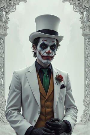 Masterpiece, professional, award-winning, intricate details, ultra high detailed, 64k, dramatic light, volumetric light, Minimalist fashion photo of a comic book villian Joker in white suit and top hat. White filigree background, 8k,ek_art_b00ster,anime,illustrated,Enhanced all