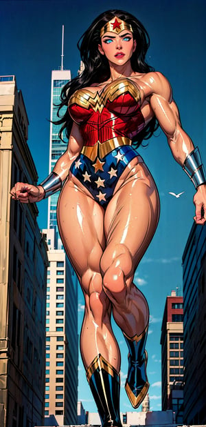 Wonder Woman, (Masterpiece), Best Quality, (Extremely detailed), (1Girl:1.4), ((beautiful blue eyes)), (black middle length wavy hair), Wonder Woman, (intricate details, makeup), (delicate and beautiful delicate face, delicate and beautiful delicate eyes, face with perfect proportions), (shiny skin: 1.2), delicate skin, strong and realistic blue eyes, realistic black hair, lips, makeup, natural skin texture, tiara, red and gold bustier, blue leotard with white stars, (silver Bracelets:1.2), red knee-high boots, golden belt, (Wonder Woman clothing:1.1), bare shoulders, ((light tanned skin:0.8)), mature, sexy, elastic muscles, (muscles: 1.2), ((strong and healthy body)), ((more) muscles))), cleavage, long legs, curves, (big breasts: 1.3), ribs, thin waist, soft waist, (delicate skin), (beautiful and sexy woman), (swollen lips: 0.9), (eyelashes: 1.2), very delicate muscles, perfect body, perfect anatomy, perfect details, perfect fingers, Perfect limbs, thigh gap, watercolor, professional, Bokeh, Decreased saturation, overlooking a (New York city skyline:1.2), overlooking a modern city, sky - high view, Sky view (on balcony), (City skylines view), ((night time:1.2)), ((from below:1.5)), ((flying:1.3)), (masterpiece, best quality), ,semi-realistic,dwarfoil,wonder2