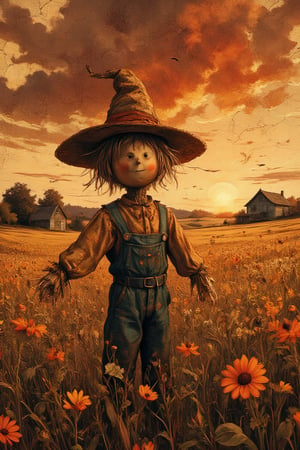 Masterpiece, professional, award-winning, intricate details, ultra high detailed, 64k, dramatic light, volumetric light, autumn, best quality, ink painting, acrylic, detailed cute little scarecrow on a rye field, cornflowers, sunrise, farm house, by Greg Craola Simkins, Dan Mumford, Andy Kehoe, 2d, flat, cute, adorable, vintage, art on a cracked paper, fairytale, storybook detailed illustration, cinematic, ultra highly detailed, tiny details, beautiful details, mystical, luminism, vibrant colors, complex background. Showcasing incredible texture and detail. Rendered in high-quality, super-detailed textures. Meticulously illustrated. 8k, ek_art_b00ster,anime,illustrated,FluxBoost,myvectorillustrations