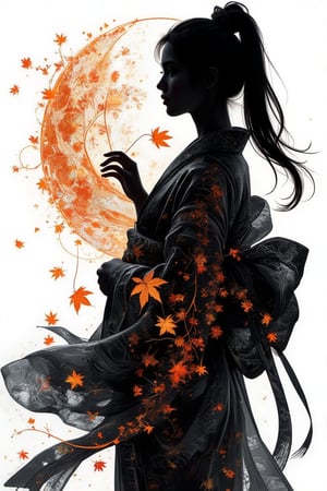 (silhouette:1.25), silhouette art, shadow of figure, Autumn leaves pattern on woman silhouette isolated on white background, (Female silhouette: Kimono: Hakama: Long ponytail: Dynamic pose), Draw the autumn leaves pattern only on the woman's silhouette.,BREAK,Autumn leaves pattern: black and grey gradation: Overlapping translucent autumn leaves: Overlapping layers: black colors: BREAK,vector art,Draw a background painting using the moon and autumn leaves in blak colors, shadow of woman, (masterpiece:1.3),(highest quality:1.4),(ultra detailed:1.5),High resolution,extremely detailed,unity 8k wallpaper,.ek_art_b00ster,anime,illustrated,FluxBoost