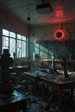 Masterpiece, professional, award-winning, intricate details, ultra high detailed, 64k, dramatic light, volumetric light, create an image of  desolate post-apocalyptic school, abandoned classrooms, shattered windows, forgotten lessons, tombstones standing in the classroom, silent halls:1, torn textbooks, weathered chalkboards, deserted playground, distant school bell. The scene is lit by an ominous red glow emanating from tombstones, casting eerie shadows over the overgrown tombstones and broken graves. Flashes of lightning illuminating the scene briefly. Everything is rendered in ultra-realistic detail, from the textures of the decayed classroom to the gritty dirt and aged tombstones, making it appear lifelike and unsettling. Showcasing incredible texture and detail. Rendered in high-quality, super-detailed textures. Meticulously illustrated. Adds eerie atmosphere in the image, 8k,