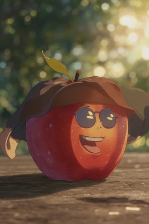 Masterpiece, professional, award-winning, intricate details, ultra high detailed, 64k, dramatic light, volumetric light, dynamic lighting, animation style, very cute appealing anthropomorphic apple wearing a cap and sunglasses, looking at the viewer, big grin, happy, fruit, droplets, macro, sunlight, fantasy art, dynamic composition, dramatic lighting, epic realistic, award winning illustration, vivid, vibrant, unreal engine, concept art,