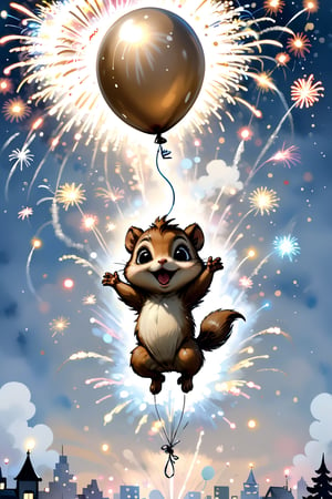 8K,Best quality, masterpiece, ultra-high res, Masterpiece, Concept Art, ultra-detailed painting, Ink wash painting, an adorable chibi baby whimsical chipmunk, being lifted towards the sky by a balloon in a new year fireworks, illustration for kid's room, boho, neutral colors, minimalist, vectors, simple, white background,chibi,chibi style