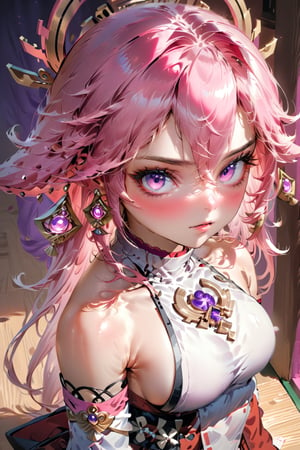 (masterpiece, finely detailed beautiful eyes: 1.2), (illustration:1.2), 1girl, solo, (yae miko:1.4), yae miko, hair ornament, pink hair, purple eyes, japanese clothes, sideboob, detached sleeves, wide sleeves, jewelry, earrings, bare shoulders thighs, volumetric lighting, hyper detailed, highly detailed, beautiful, small details, ultra detailed, best quality, intricate, sharp, digital illustration, detailed, realism, intricate, 4k, 8k, trending on artstation, good anatomy, beautiful lighting, award-winning, highres, (extremely detailed CG, unity, 8k wallpaper:1.1), beautiful face, highly detailed face, zoomout, colorful, vibrant colors, nail polish, (glow:1.4) yae miko