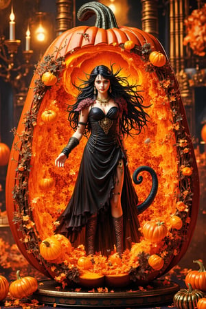 Masterpiece, professional, award-winning, intricate details, ultra high detailed, 64k, dramatic light, volumetric light, create an image of a carving of a female vamphire standing inside a large pumpkin, (miniature full body shot), Beautiful long-haired vamphire woman with a tight black dress, succubus, demonic clothing, portrait of a goth, demon in the room, room, beautiful woman, demoncore clothes, fashionable dark demon, gothic clothing, wearing gothic accessories, wearing a gothic dress, demon, succubus, 16k, Orange,detailed background, on the plate on the dining table, Fruit carving, food engraving, three-dimensional engraving, food sculpture design, close_up, rotated, rococo style, Classicism, depth of field, UHD, masterpiece, acurate, super detail, high details, high quality, best quality, highres, 16k, soft lighting, photorealistic, realistic shadows. Showcasing incredible texture and detail. Rendered in high-quality, super-detailed textures. Meticulously illustrated. Adds creepy atmosphere in the image, 8k,