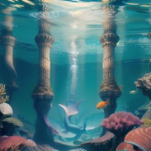 Captivating, underwater city with mermaids and vibrant coral reefs, realistic, enchanting, aquatic beauty, mythical beings, submerged paradise, ethereal allure, serene ambiance, marine creatures, iridescent seashells, hidden wonders, mythical allure, tranquil depths, mesmerizing serenity