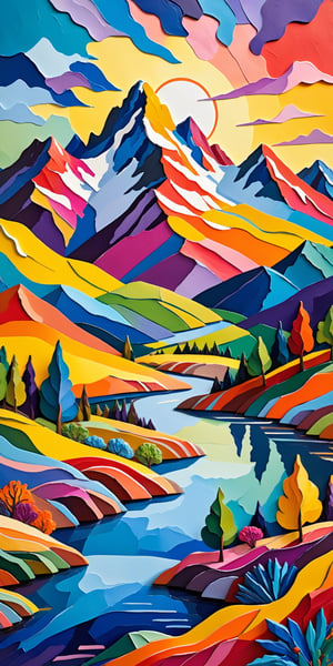 (((Masterpiece))), (((Best Quality))), ((Ultra-detailed)), (Best Illustration), paper mache representation of painting of a colorful landscape with a mountain in the background, a fine art painting inspired by william didier pouget, featured on shutterstock, neo fauvism, colorful landscape painting, vibrant gouache painting scenery, vivid landscape. 3d, sculptural, textured, handmade, vibrant, fun