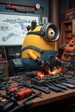 Masterpiece, professional, award-winning, intricate details, ultra high detailed, 64k, dramatic light, volumetric light, 3d, detailed, A photorealistic image of a Minion from Despicable Me, dressed as a mechanic is working hard at a lab table full of scientific tools and accessories. The whiteboard behind has weapon design sketches. Minion is highly focused, hands move quickly, weld and assemble components to build a large weapon, complicated.