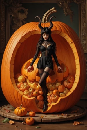 Masterpiece, professional, award-winning, intricate details, ultra high detailed, 64k, dramatic light, volumetric light, create an image of a carving of a female vamphire standing inside a large pumpkin, (miniature full body shot), Beautiful long-haired vamphire woman with a tight black dress, succubus, demonic clothing, portrait of a goth, demon in the room, room, beautiful woman, demoncore clothes, fashionable dark demon, gothic clothing, wearing gothic accessories, wearing a gothic dress, demon, succubus, 16k, Orange,detailed background, on the plate on the dining table, Fruit carving, food engraving, three-dimensional engraving, food sculpture design, close_up, rotated, rococo style, Classicism, depth of field, UHD, masterpiece, acurate, super detail, high details, high quality, best quality, highres, 16k, soft lighting, photorealistic, realistic shadows. Showcasing incredible texture and detail. Rendered in high-quality, super-detailed textures. Meticulously illustrated. Adds creepy atmosphere in the image, 8k,ek_art_b00ster,anime,illustrated,Enhanced all