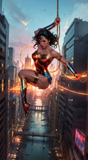 Generate a rough oil painting of Wonder Woman gracefully ((swinging through the gaps between skyscrapers)) (at night), ((flying)), using her ((Lasso of Truth)) as if she were Spider-Man. The golden glow emanating from the Lasso of Truth illuminates the scene like fluorescent lights. Capture her in a dynamic and stylish pose, reminiscent of Frank Miller's Sin City style. (field of depths,boheh backdrop),wonder_woman,artgerm,semi-realistic,Anime,highres