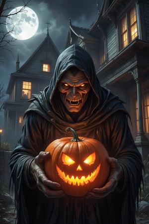 Masterpiece, professional, award-winning, intricate details, ultra high detailed, 64k, dramatic light, volumetric light, create an image of a menacing Jack-o'-Lantern in a Halloween costume, lurking outside a haunting house, clutching a pumpkin in its gnarled claws. The Jack-o'-Lantern's custom is a nightmarish creation, with tattered fabric, sharp fangs, and glowing eyes that pierce through the darkness. The haunting house looms behind, its weathered facade and broken windows adding to the eerie atmosphere. The pumpkin held by the monster is intricately carved with a wicked grin, its candlelight casting eerie shadows on the surroundings. photorealistic, realistic shadows. Showcasing incredible texture and detail. Rendered in high-quality, super-detailed textures. Meticulously illustrated. Adds creepy atmosphere in the image. 8k,ek_art_b00ster,anime,illustrated,Enhanced all