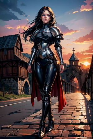 ((one girl)), ((detailed eyes)), dark blue eyes, long hair, A beautiful girl is on the road, 22 years old, masterpiece, highest quality, High contrast, black leather armor, black pants, big boots, big breasts, full body view, fit body, (high quality :1.5), black hair, perplexed, Tall body, vulnerable, mature face, outdoors, (((medieval era, village))), mature face, ((high resolution)), ((sunset in the back)), ((bridge)),yaemikodef