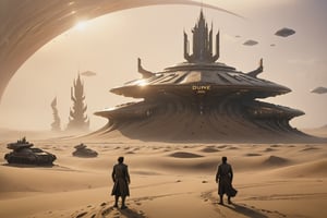 (Best quality), (masterpiece), (ultra detailed), (high detailed), (extremely detailed), Dune concept art, Clean and neat tones, Sci-fi base scene, Huge scene, Square-shaped complex, Soviet aesthetic architecture, huge buildings, There are many ships in the air, Size contrast, Timothée Chalamet in the movie Dune, standing with many Dune style soldiers, Big scenes of war, smog, epic concept art, Fine 8K, vray, Wasteland Science Fiction,LegendDarkFantasy