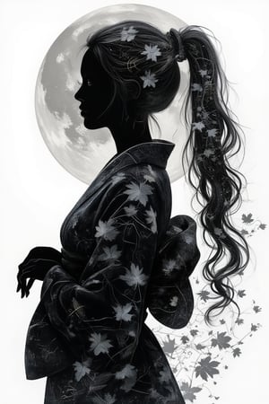 (silhouette:1.25), silhouette art, shadow of figure, Autumn leaves pattern on woman silhouette isolated on white background, (Female silhouette: Kimono: Hakama: Long ponytail: Dynamic pose), Draw the autumn leaves pattern only on the woman's silhouette.,BREAK,Autumn leaves pattern: black and grey gradation: Overlapping translucent autumn leaves: Overlapping layers: black colors: BREAK,vector art,Draw a background painting using the moon and autumn leaves in blak colors, shadow of woman, (masterpiece:1.3),(highest quality:1.4),(ultra detailed:1.5),High resolution,extremely detailed,unity 8k wallpaper,.ek_art_b00ster,anime,illustrated,FluxBoost