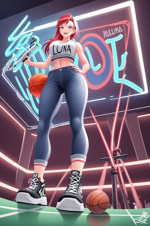 (Best quality, ultra detailed, masterpiece),  8k, super detailed, ((beautiful detailed)))1girl, hip pop clothes, Red basketball shoes, low angle shot, low angle, ground-level shot, full body, full body shot, lunge, nightclub, laser beam(Dynamic feeling:1.4),(concept art style:1.4), neon, neon sign, glowing,32k, octane render,neon style,simple background