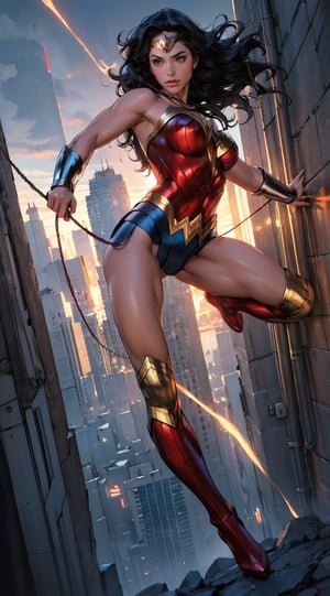 Generate a rough oil painting of Wonder Woman gracefully ((swinging through the gaps between skyscrapers)) (at night), ((flying)), using her ((Lasso of Truth)) as if she were Spider-Man. The golden glow emanating from the Lasso of Truth illuminates the scene like fluorescent lights. Capture her in a dynamic and stylish pose, reminiscent of Frank Miller's Sin City style. (field of depths,boheh backdrop),wonder_woman,artgerm,semi-realistic,Anime,highres