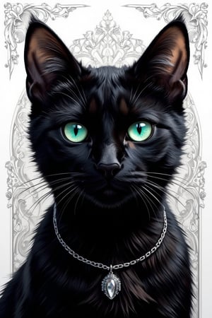 Masterpiece, professional, award-winning, intricate details, ultra high detailed, 64k, dramatic light, volumetric light, create a realistic and cute comic style sleek black cat with piercing emerald eyes and a  pink nose. Her fur is styled in loose, flowing waves, and she wears a delicate silver necklace with a tiny crystal pendant. Showcasing incredible texture and detail. Rendered in high-quality, super-detailed textures. Meticulously illustrated. The white filigree background adds to the ominous atmosphere, 8k,ek_art_b00ster,anime,illustrated,Enhanced all