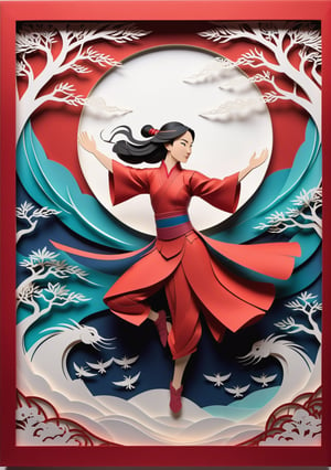 A mesmerizing paper-cut animation of the iconic tale of Mulan comes to life on the screen. Every delicate detail meticulously crafted out of paper unfolds before your eyes, showcasing the determined spirit of Mulan. The intricate paper scenes blend vibrant colors with the ancient art of papercutting, capturing Mulan's courage and determination as she goes against societal expectations to protect her family and honor. This enchanting animation captivates viewers with its exquisite precision and awe-inspiring artistry, immersing them in the compelling story of Mulan's heroic journey. (((Paper cutting art style))), high detail, high quality, high resolution, dramatically captivating, detailmaster2,Movie Still