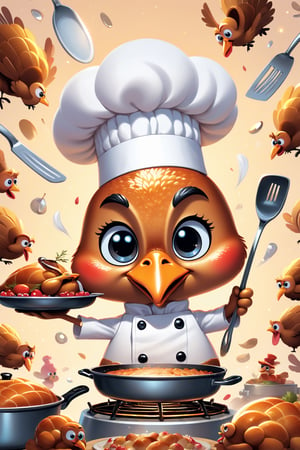 perfect-composition, Perfect pictorial composition, Brand advertising, Creative poster, Cute Anthropomorphic turkey chef is cooking roasted turkey, Made by Pixar, pixar style, 3d Rendering, Focus sharp, Fluffy, fantasy engine, 5 quality rendering, 3d Rendering, furry art, cartoon artstyle, cute cartoon style, Cute art style, Cartoon style, Cartoon style illustration, Digital art of cartoons, Cute digital art, Cute anime , Chibi, an anime drawing, pop-art, Cartoon style illustration, Head large, kawaii eyes, Glitter eyes, Sparkling eyes, kawaii faces, Innocent face,