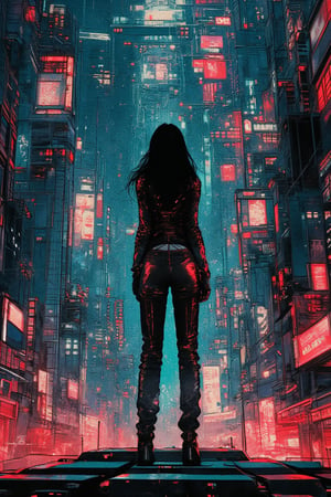 Create a masterpiece illustration of a single woman standing in front of a sleek, art-deco inspired cityscape at night. The background is a retro-futuristic metropolis with neon lights and towering skyscrapers, set against a flat, clean color palette. The subject's pose exudes confidence and strength, with her arms crossed and legs shoulder-width apart. Use the cyberpunk CCDDA art style to bring this futuristic world to life in stunning 4K resolution, with very detailed RAW photos capturing every intricate aspect.