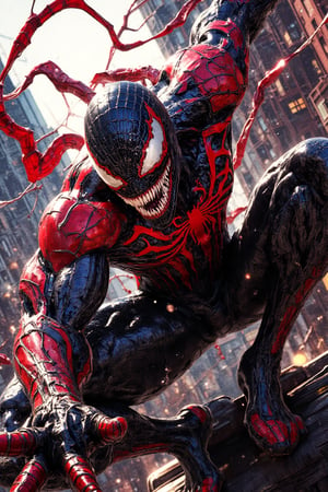 Masterpiece, professional, award-winning, intricate details, ultra high detailed, 64k, dramatic light, volumetric light, create an full body image of spider man in venom costume, swinging from building to building, Unreal Engine 5, amazing, (leather texture:1.1), (Sweaty Body 1.1), (skin shine 1.1), (very detailed face:1.1), highly detailed body, (very detailed clothing), (Realistic Ultra High Definition, ultra high resolution, cinematic lighting, rim lighting, photo by Arny Freytag. Showcasing incredible texture and detail. Rendered in high-quality, super-detailed textures. Meticulously illustrated. Adds ominous atmosphere in the image, 8k,Venom