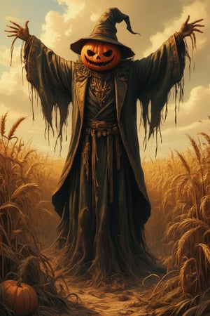 Masterpiece, professional, award-winning, intricate details, ultra high detailed, 64k, dramatic light, volumetric light, Create full body image of an anime features of a scarecrow wizard who has a pumpkin head and is a character from a medieval RPG. Standing in a decayed wheat field. Showcasing incredible texture and detail. Rendered in high-quality, super-detailed textures. Meticulously illustrated. Adds ominous atmosphere in the image, 8k, ek_art_b00ster,anime,illustrated,FluxBoost,myvectorillustrations