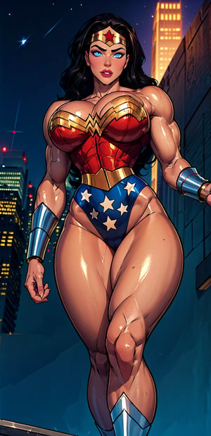 Wonder Woman, (Masterpiece), Best Quality, (Extremely detailed), (1Girl:1.4), ((beautiful blue eyes)), (black middle length wavy hair), Wonder Woman, (intricate details, makeup), (delicate and beautiful delicate face, delicate and beautiful delicate eyes, face with perfect proportions), (shiny skin: 1.2), delicate skin, strong and realistic blue eyes, realistic black hair, lips, makeup, natural skin texture, tiara, red and gold bustier, blue leotard with white stars, (silver Bracelets:1.2), red knee-high boots, golden belt, (Wonder Woman clothing:1.1), bare shoulders, ((light tanned skin:0.8)), mature, sexy, elastic muscles, (muscles: 1.2), ((strong and healthy body)), ((more) muscles))), cleavage, long legs, curves, (big breasts: 1.3), ribs, thin waist, soft waist, (delicate skin), (beautiful and sexy woman), (swollen lips: 0.9), (eyelashes: 1.2), very delicate muscles, perfect body, perfect anatomy, perfect details, perfect fingers, Perfect limbs, thigh gap, watercolor, professional, Bokeh, Decreased saturation, overlooking a (New York city skyline:1.2), overlooking a modern city, sky - high view, Sky view (on balcony), (City skylines view), ((night time:1.2)), ((from below:1.5)), ((flying:1.3)), (masterpiece, best quality), ,semi-realistic,dwarfoil,wonder2,2.5D, best quality