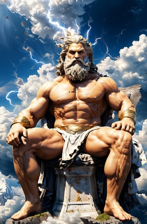 Create a photorealistic image featuring the Greek gods Zeus, the majestic figure of Zeus, ruler of the heavens, as he sits upon his throne of clouds, his lightning bolt in hand, ready to strike down any who dare challenge his divine authority.  Zeus should be portrayed with his distinctive attributes and symbols, such as Zeus with his {thunderbolt}. The background can be a {divine realm}, {Mount Olympus}, or a {mythical landscape} that reflects the realm of the gods. The camera angle can be a {medium shot}, capturing Zeus from a perspective that showcases his presence and individuality. The desired resolution for the image is {high definition}, with {crisp details} and {realistic textures} to bring out the divine qualities of the greek King of Gods, Zeus.