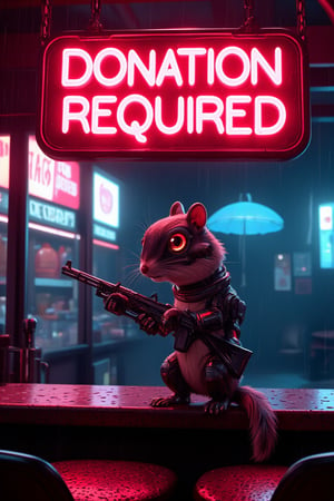 3d, Movie poster, large neon sign in the center reads "Donation Required", masterpiece, 4k, 8k, high quality, high detail, concept art, cybernetic cute chipmunk, red eyes. neon glow, robot chipmunk, one hand holding an AK, one foot metal, looking at the viewer, standing on the bar of a icecream shop, highly detailed, cyberpunk scene, rain falling, neon lights,