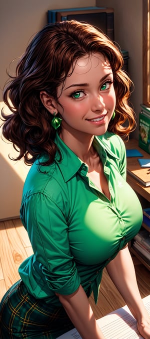 ((top quality)), (8k, RAW photo, best quality, masterpiece:1.2), (realistic, photo-realistic:1.4), 1 girl, wavy hair, office lady, large breast, wearing a green plaid vest, wears green shirt, green flare skirt, earrings, brown hair, cute face, smile, blushing, gets on the step stool and take the document from the bookshelf, in the office, back view, backward, low angle, angle of view looking up from below, shamrock,  ,perfect split lighting