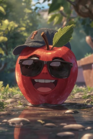 Masterpiece, professional, award-winning, intricate details, ultra high detailed, 64k, dramatic light, volumetric light, dynamic lighting, animation style, very cute appealing anthropomorphic apple wearing a cap and sunglasses, looking at the viewer, big grin, happy, fruit, droplets, macro, sunlight, fantasy art, dynamic composition, dramatic lighting, epic realistic, award winning illustration, vivid, vibrant, unreal engine, concept art,