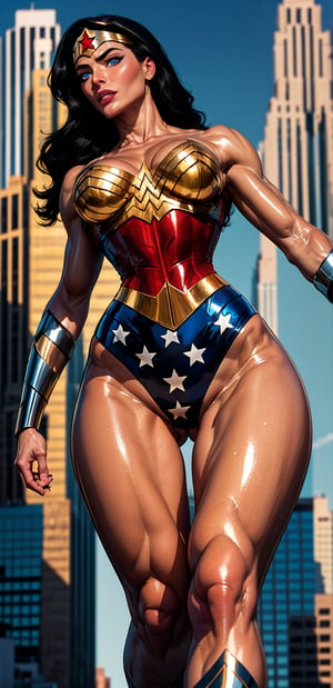 Wonder Woman, (Masterpiece), Best Quality, (Extremely detailed), (1Girl:1.4), ((beautiful blue eyes)), (black middle length wavy hair), Wonder Woman, (intricate details, makeup), (delicate and beautiful delicate face, delicate and beautiful delicate eyes, face with perfect proportions), (shiny skin: 1.2), delicate skin, strong and realistic blue eyes, realistic black hair, lips, makeup, natural skin texture, tiara, red and gold bustier, blue leotard with white stars, (silver Bracelets:1.2), red knee-high boots, golden belt, (Wonder Woman clothing:1.1), bare shoulders, ((light tanned skin:0.8)), mature, sexy, elastic muscles, (muscles: 1.2), ((strong and healthy body)), ((more) muscles))), cleavage, long legs, curves, (big breasts: 1.3), ribs, thin waist, soft waist, (delicate skin), (beautiful and sexy woman), (swollen lips: 0.9), (eyelashes: 1.2), very delicate muscles, perfect body, perfect anatomy, perfect details, perfect fingers, Perfect limbs, thigh gap, watercolor, professional, Bokeh, Decreased saturation, overlooking a (New York city skyline:1.2), overlooking a modern city, sky - high view, Sky view (on balcony), (City skylines view), ((night time:1.2)), ((from below:1.5)), ((flying:1.3)), (masterpiece, best quality), ,semi-realistic,dwarfoil,wonder2,2.5D