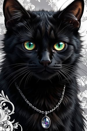 Masterpiece, professional, award-winning, intricate details, ultra high detailed, 64k, dramatic light, volumetric light, create a realistic and cute comic style sleek black cat with piercing emerald eyes and a  pink nose. Her fur is styled in loose, flowing waves, and she wears a delicate silver necklace with a tiny crystal pendant. Showcasing incredible texture and detail. Rendered in high-quality, super-detailed textures. Meticulously illustrated. The white filigree background adds to the ominous atmosphere, 8k,ek_art_b00ster,anime,illustrated,Enhanced all