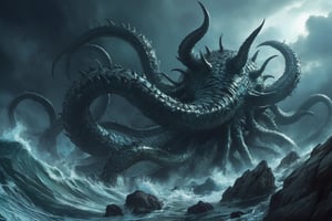 Masterpiece, professional, award-winning, intricate details, ultra high detailed, 64k, dramatic light, volumetric light, Legendary, horned kraken emerging from the depths of a stormy sea, high-quality, mythical creature, supernatural being, menacing, maritime, tentacles, mythical beast, tumultuous waters:0.9, shipwreck, colossal size, swirling tempest, seafaring legends, formidable presence, nautical chaos, 8k,ek_art_b00ster,anime,illustrated,