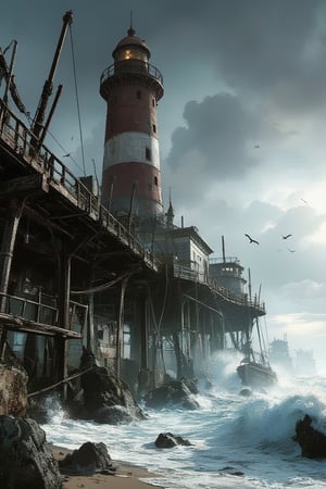 Masterpiece, professional, award-winning, intricate details, ultra high detailed, 64k, dramatic light, volumetric light, A post-apocalyptic coastal scene, with a decaying boardwalk, shattered lighthouse, and waves crashing against remnants of civilization, moody, coastal decay, maritime disaster, haunting beauty, coastal ruins, abandoned boats, desolate shoreline:1, weathered pier, worn-out fishing nets, seagulls, abandoned amusement park, rugged coastline, 8K,anime,illustrated,Fantasy detailers 