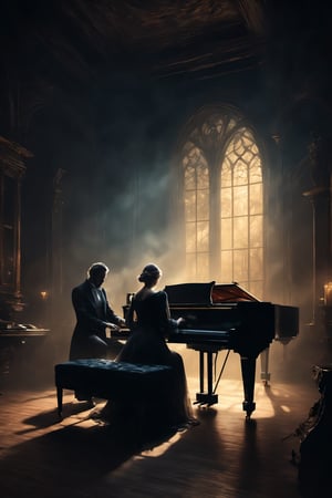 a haunting and ethereal digital painting of a ghostly figure playing a melancholic melody on a grand piano, surrounded by an enchanted audience entranced by the music, oblivious to the dark and eerie surroundings. The ghostly figure is partially transparent, emitting a soft glow, with flowing ethereal robes. The grand piano is intricately detailed, with delicate looks and a weathered appearance. The composition is dynamic and atmospheric, with muted colors and dramatic lighting, evoking a sense of mystery and foreboding. Inspired by the works of classical painters like Caspar David Friedrich, this artwork captures the captivating and haunting nature of the scene. Created using digital painting techniques and rendered with realistic textures and lighting effects for a stunning and immersive visual experience.