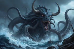 Masterpiece, professional, award-winning, intricate details, ultra high detailed, 64k, dramatic light, volumetric light, Legendary, horned kraken emerging from the depths of a stormy sea, high-quality, mythical creature, supernatural being, menacing, maritime, tentacles, mythical beast, tumultuous waters:0.9, shipwreck, colossal size, swirling tempest, seafaring legends, formidable presence, nautical chaos, 8k,ek_art_b00ster,anime,illustrated,